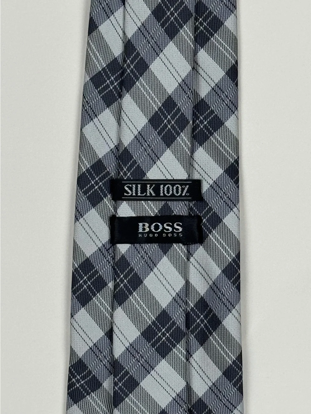 Boss Gray and Black Plaid Silk Tie